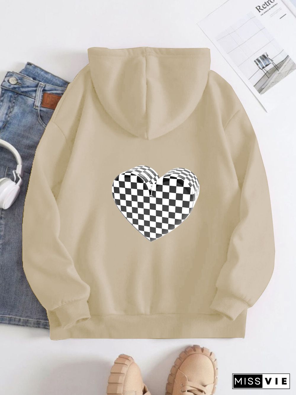 Printed on the Back Kangaroo Pocket Hoodie Long Sleeve for Women Pattern Plaid love pattern