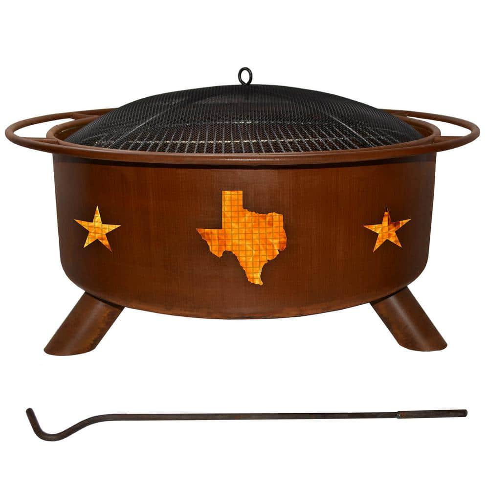 Texas State Stars 29 in x 18 in Round Steel Wood Burning Fire Pit in Rust with Grill Poker Spark Screen and Cover