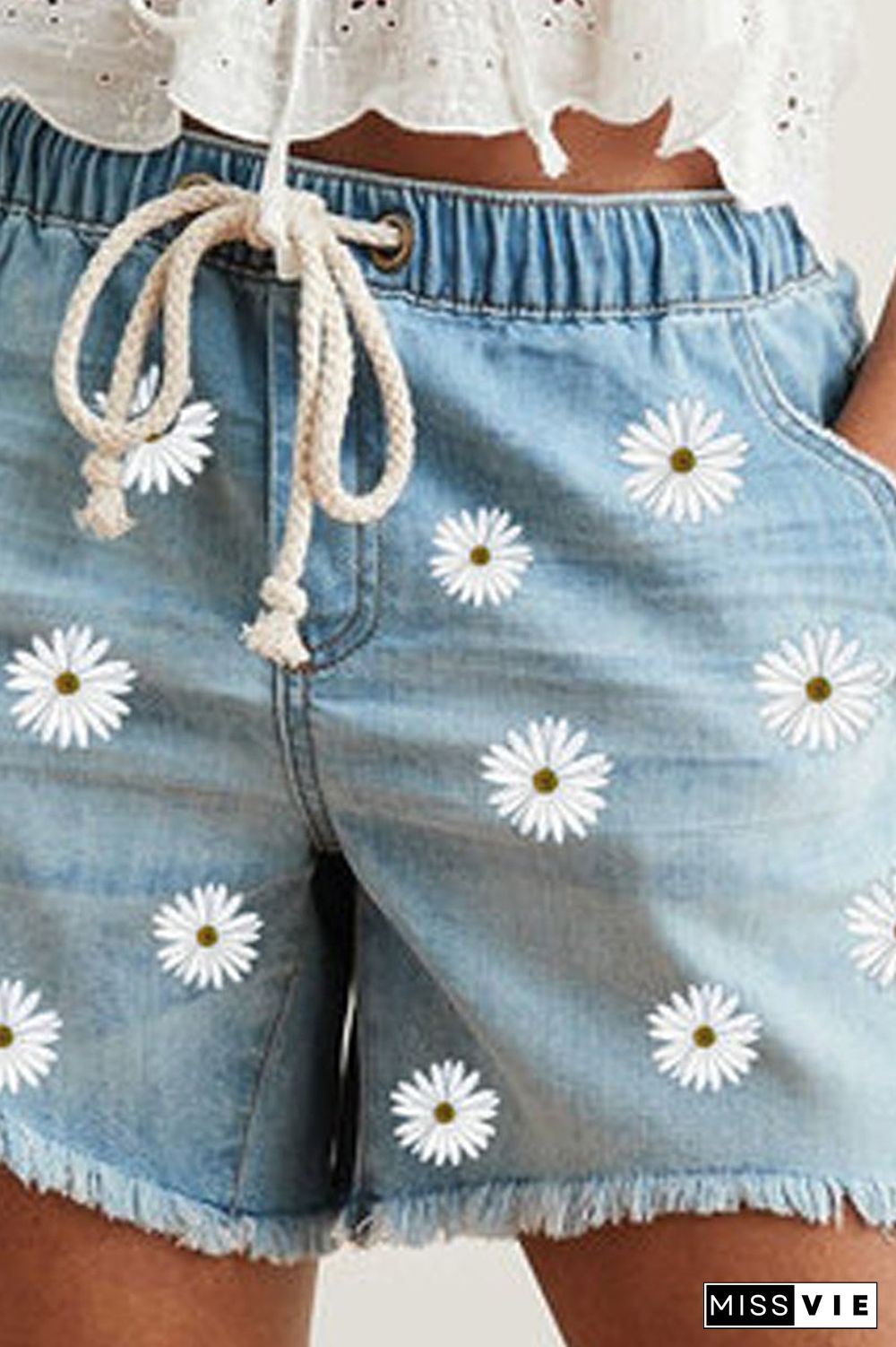 Denim Floral Printed Drawstring Waist Shorts