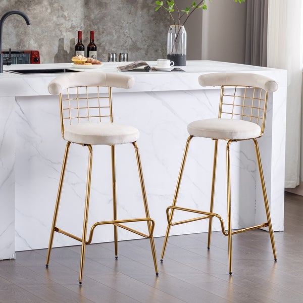 2Pcs Velvet Upholstered Bar Stools with Metal Legs and Soft Back