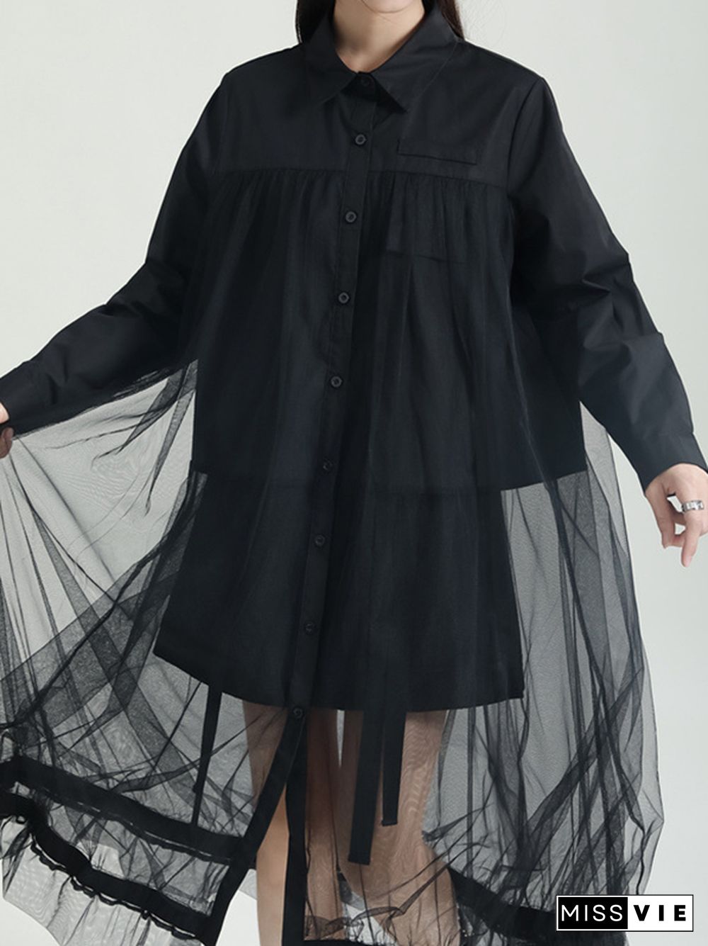 Long Sleeves Gauze See-Through Split-Joint Lapel Midi Dresses Shirt Dress