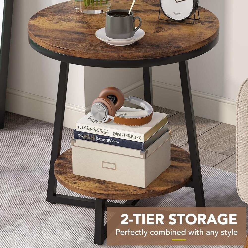 2 Tier Industrial Round Side End Table with Storage Living Room