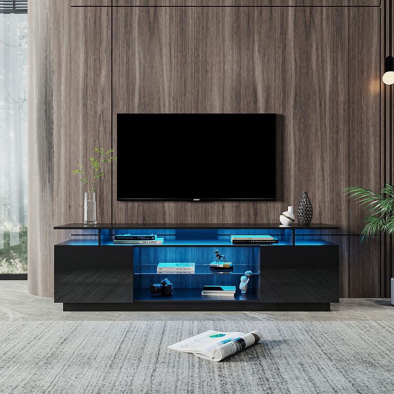 FC Design Black TV Stand for 80 Inch TV Stands， Media Console Entertainment Center Television Table， 2 Storage Cabinet with Open Shelves for Living Room Bedroom