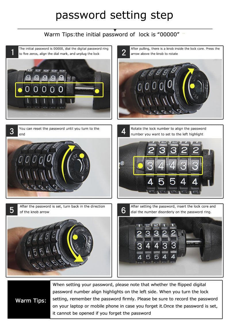 EQCOTWEA 5-Digit Combination Password Bike Lock Cable Bicycle Chain Lock Black