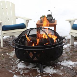 Sunnydaze Decor Black Cross Weave 36 in. x 24 in. Round Steel Wood Burning Fire Pit with Spark Screen NB-610037BLK