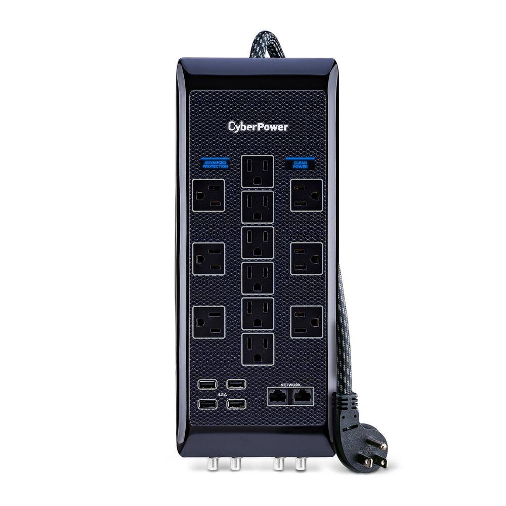 CyberPower 12-Outlet Surge Protector 6 ft. Braided Cord USB Coax Black HT1206UC2RC1