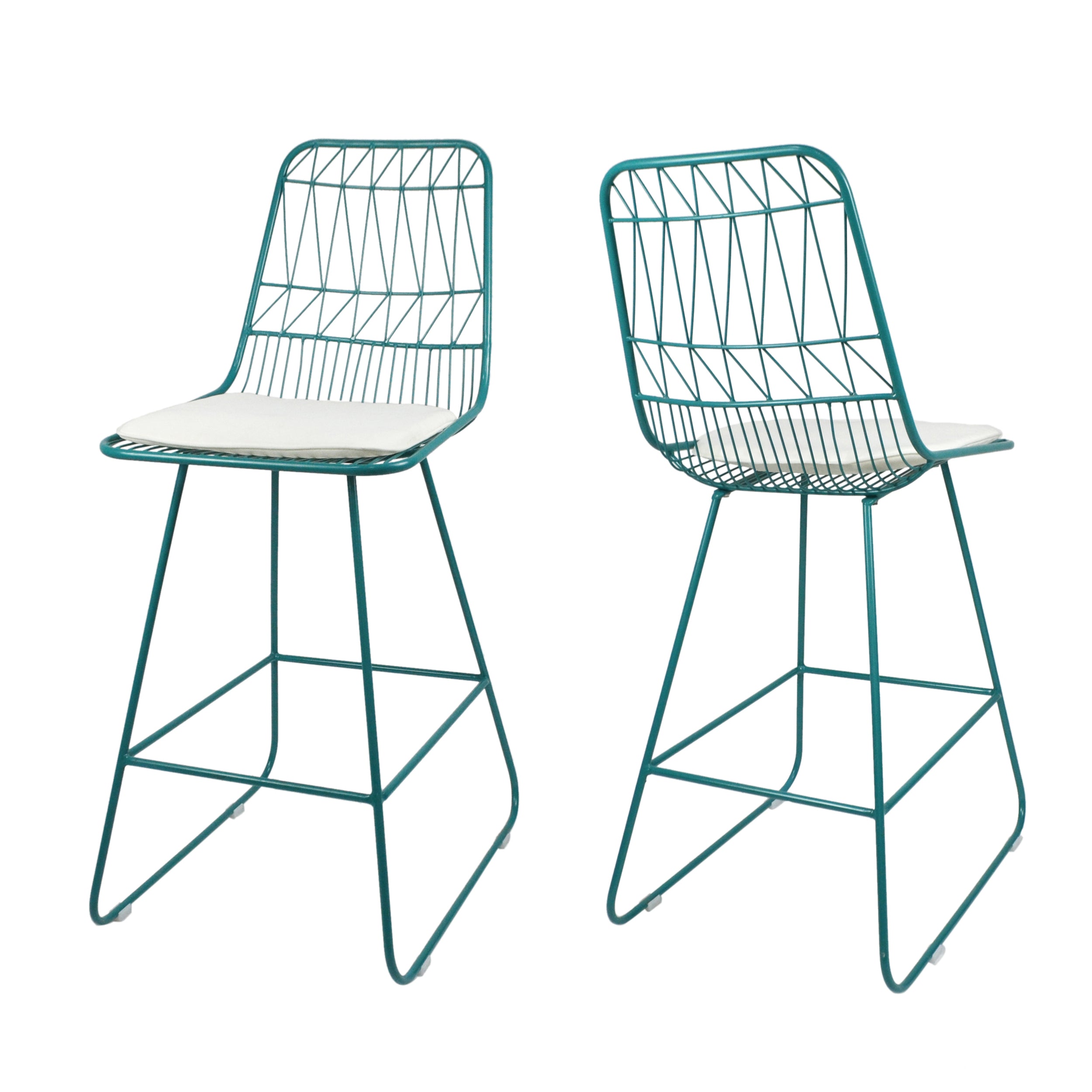 Hedy Outdoor Wire Counter Stools with Cushions (Set of 2), Teal and Ivory