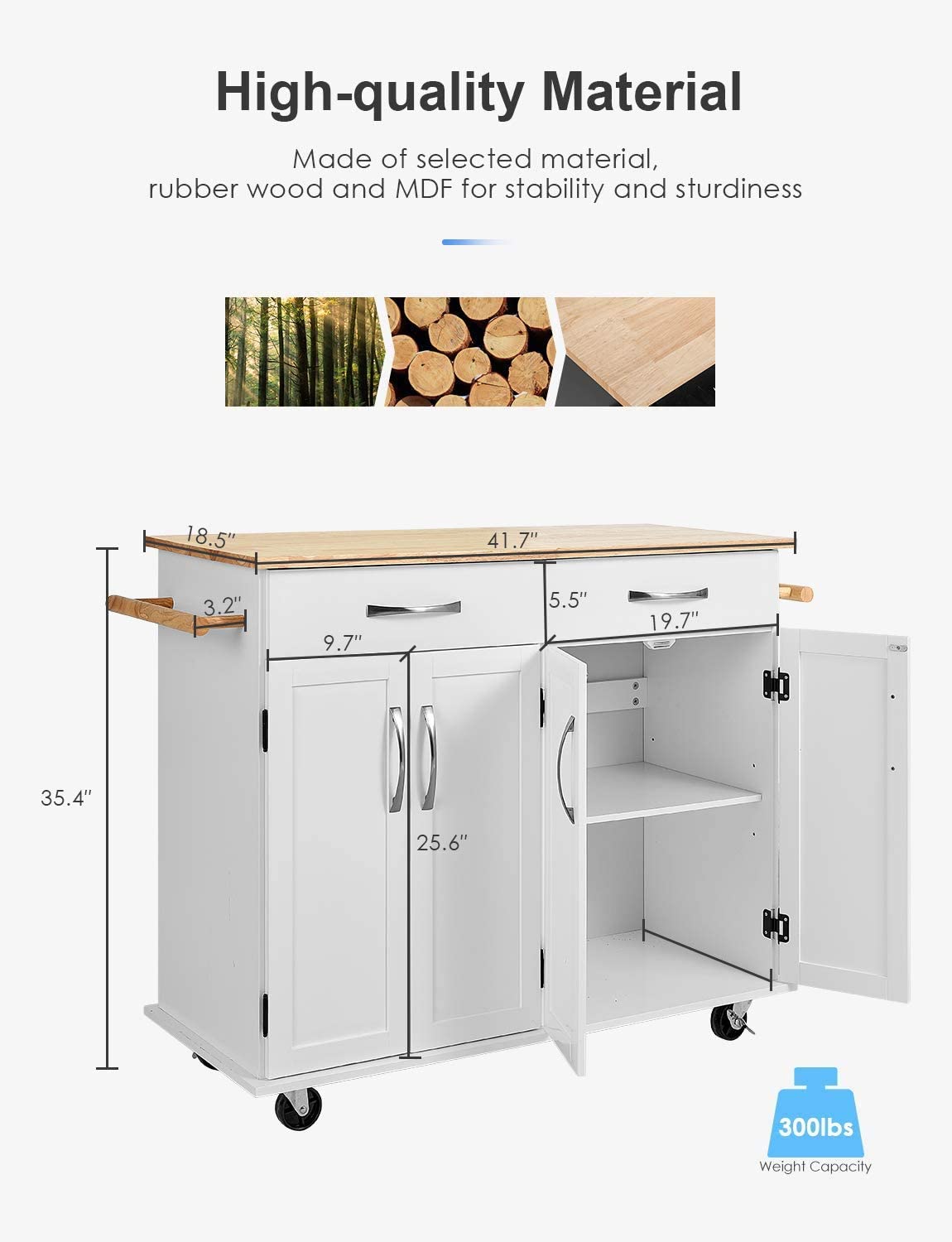 CINAK Rolling Kitchen Island Cart with Storage， Kitchen Island on Wheels， Handle Rack Rubber Wood Top Cabinet， Ivory White， 48.2L x 18.5W x 35.4H