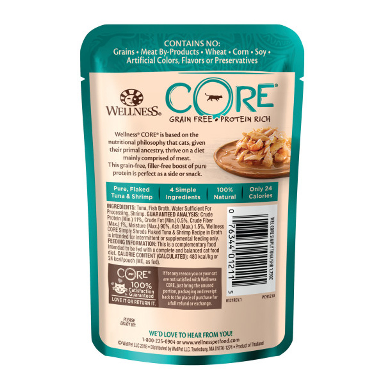 Wellness Core Simply Shreds Grain Free Flaked Tuna and Shrimp Wet Cat Food Topper， 1.75 Oz.