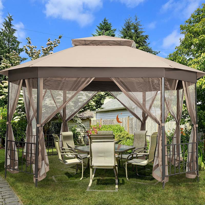 Canada Only - 10 x 12 FT Octagonal Outdoor Gazebo with Netting & 2-Tier Vented Roof