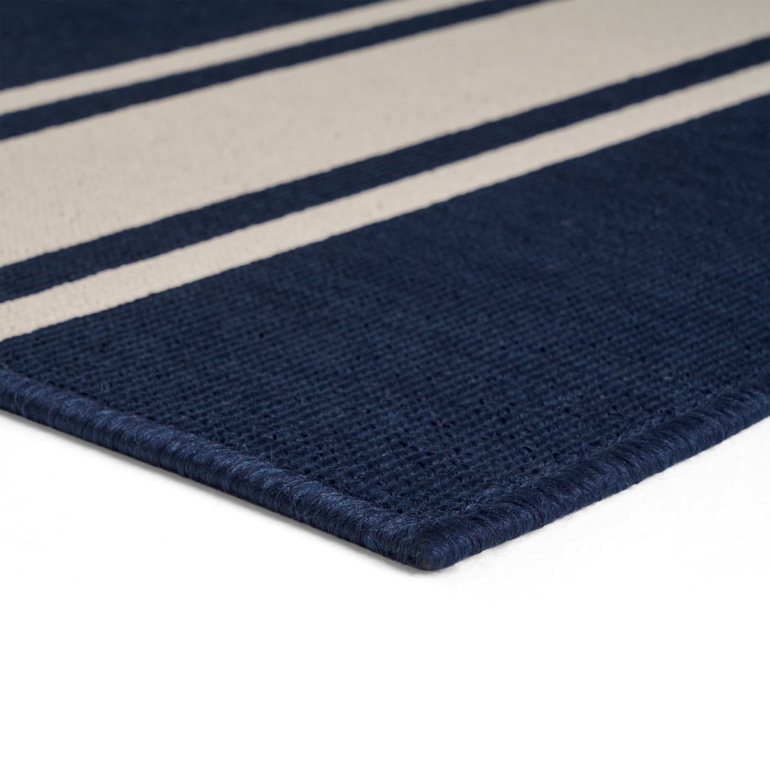 Julia Outdoor Stripe Area Rug, Navy and Ivory