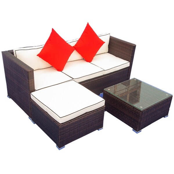 3 Piece Patio Aluminium Legs Wicker PE Rattan 2 Pillow Cushioned Outdoor Sectional Sofa Set with Glass Coffee TableandOttoman - Overstock - 35580408