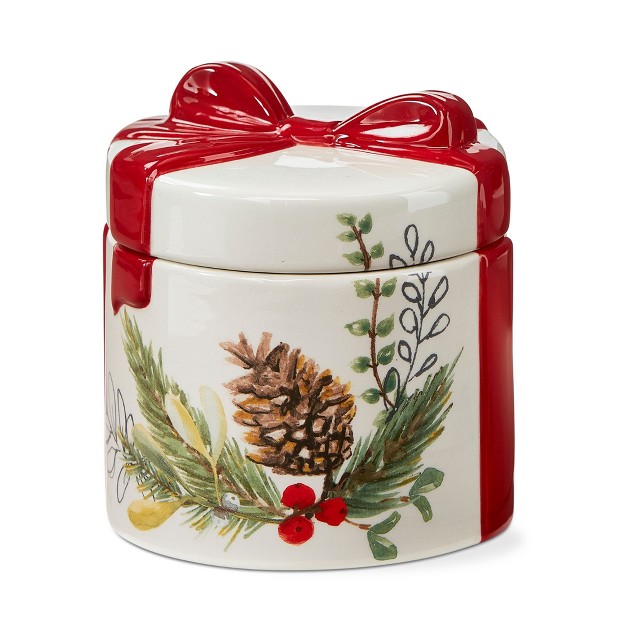 Tagltd Mistletoe amp Holly Antique White Dolomite Candy Jar Pinecone With Greenery And Red Ribbon Bow 20 Oz