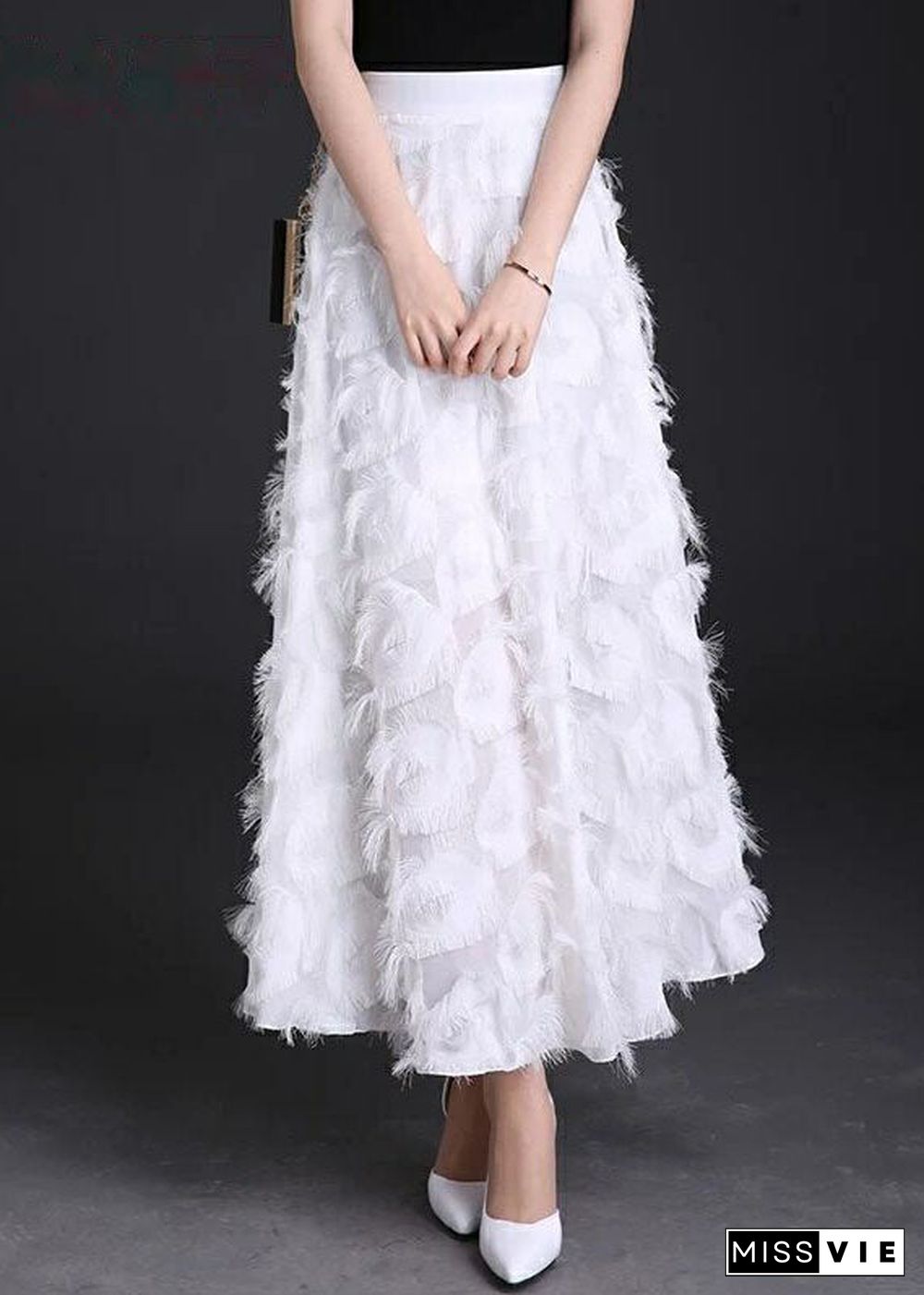 Natural White Tasseled Chiffon Skirts Spring