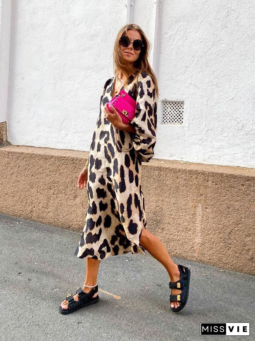 Fashion Leopard Print Loose Lantern Sleeve Dress Long Skirt