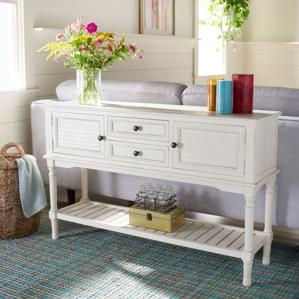 Piper 2 Drawer 2 Door Console Table Distressed White   French Country   Console Tables   by Peachtree Fine Furniture  Houzz