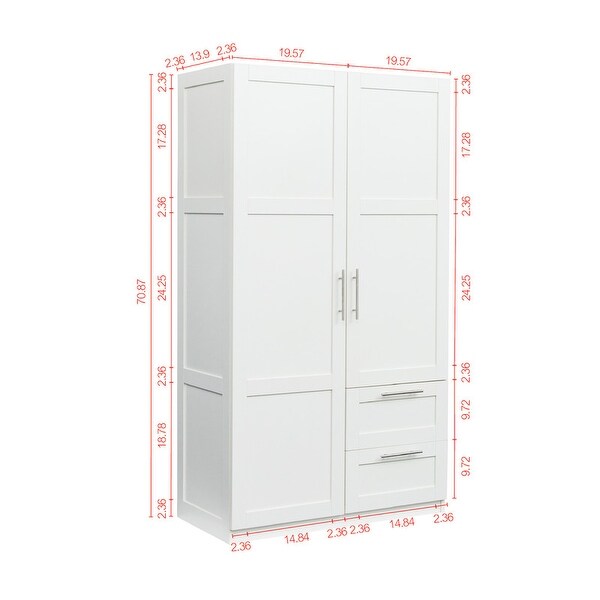 Traditional wooden wardrobe 2 door locker with 2 drawers， adjustable shelves and adult hanging rods， metal handles - - 38105665