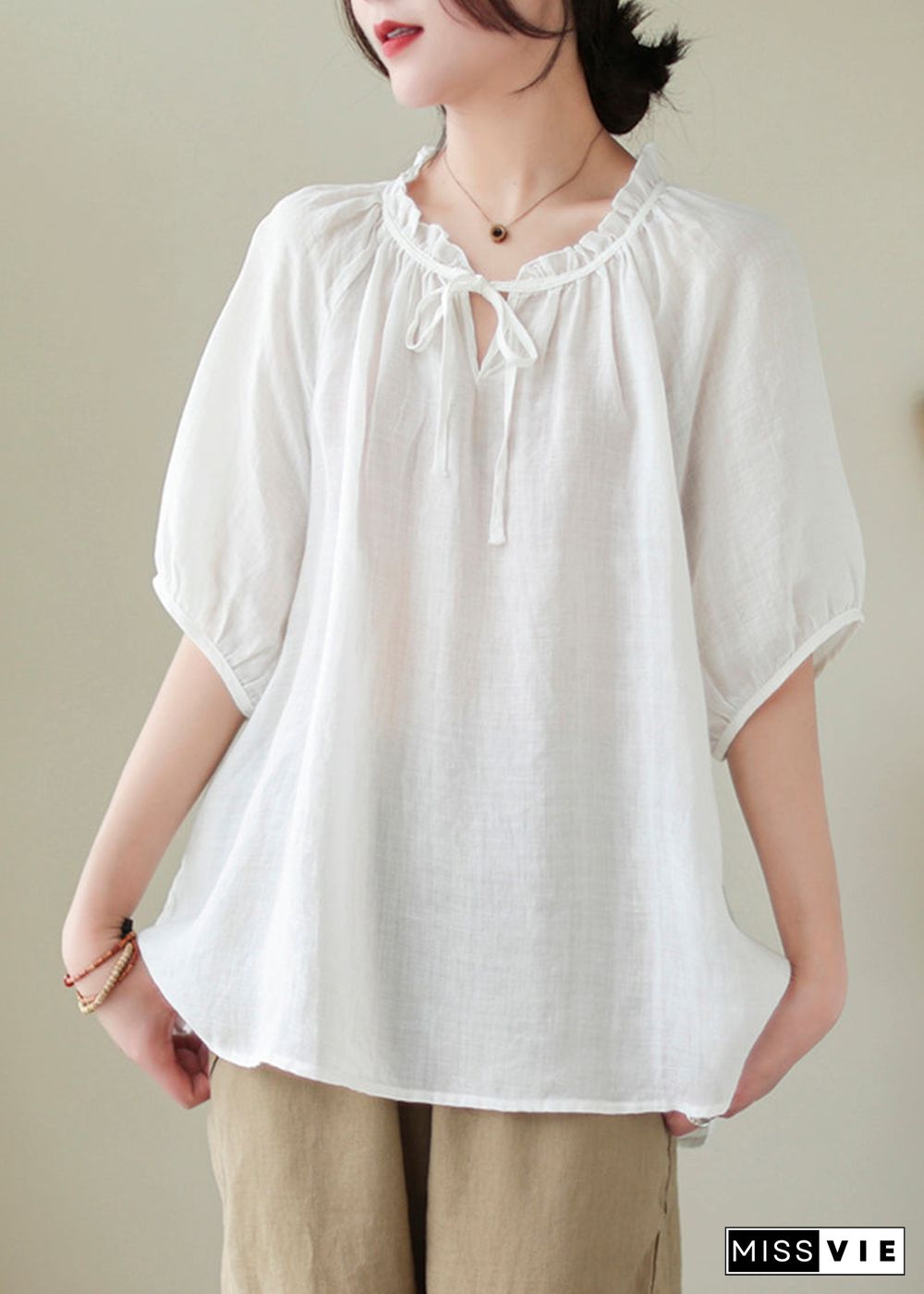 Modern White Lace Up Ruffled Linen Shirts Summer