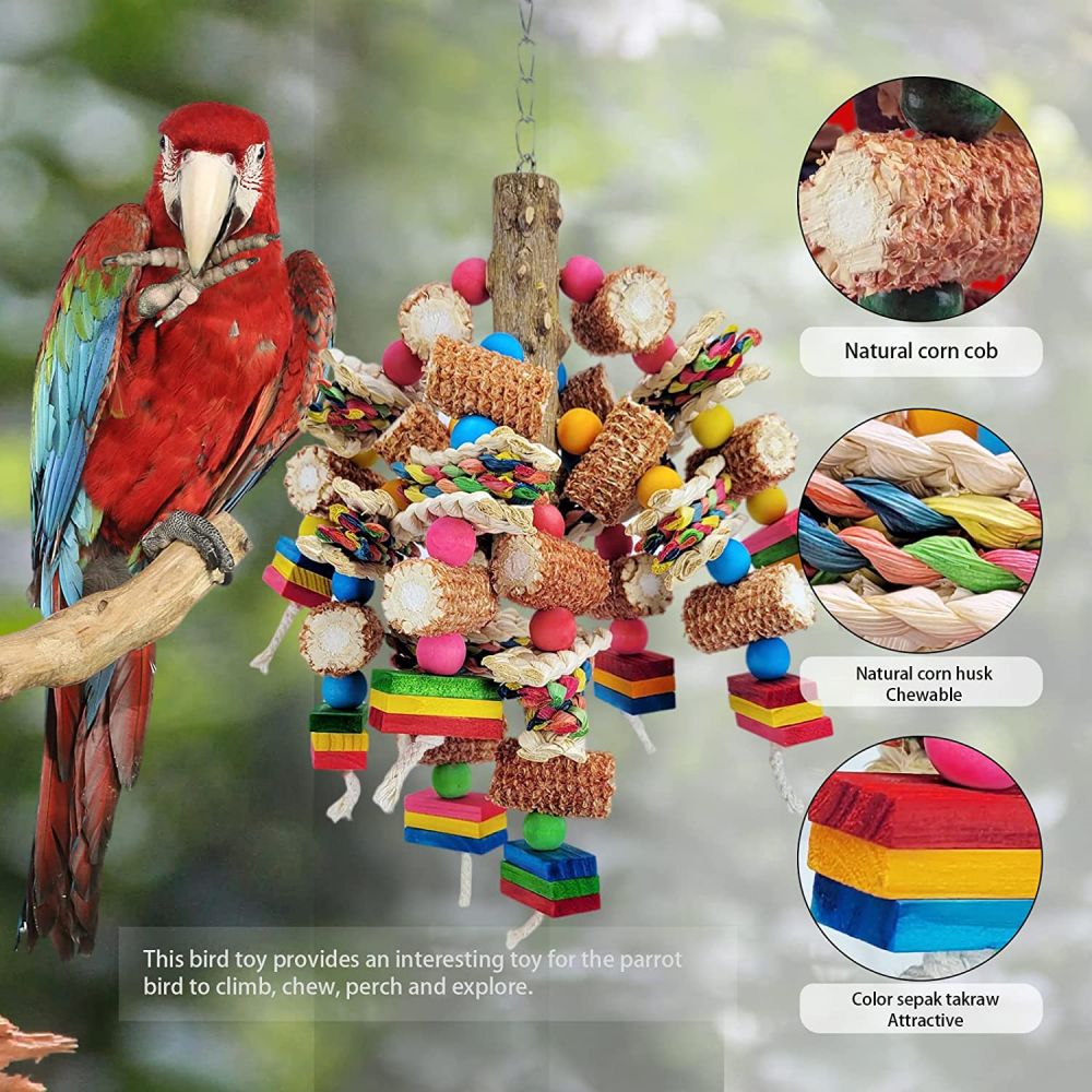 Bird Toys，Multi-Color Wooden Block Bird Toys， Natural Parrot chew Toys for African Grey Parrots， Small and Medium-Sized Macaws Food Grade Toys， Love Birds Parrot cage Toys