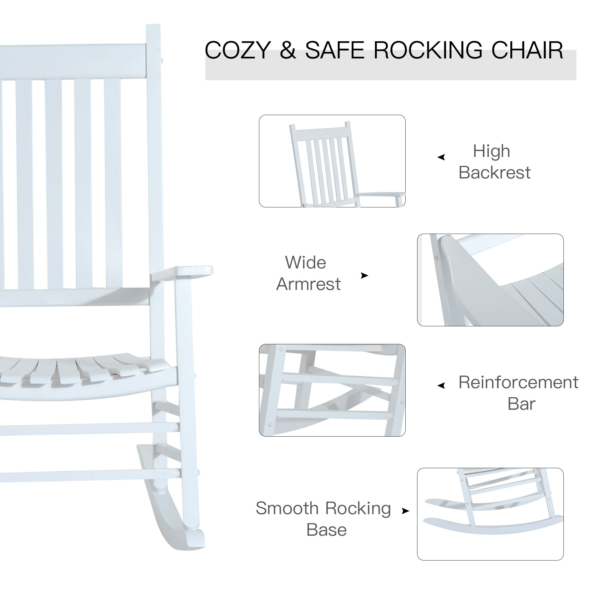 Outsunny Outdoor Rocking Chair, Wooden Rustic High Back All Weather Rocker, Slatted for Indoor, Backyard & Patio, White