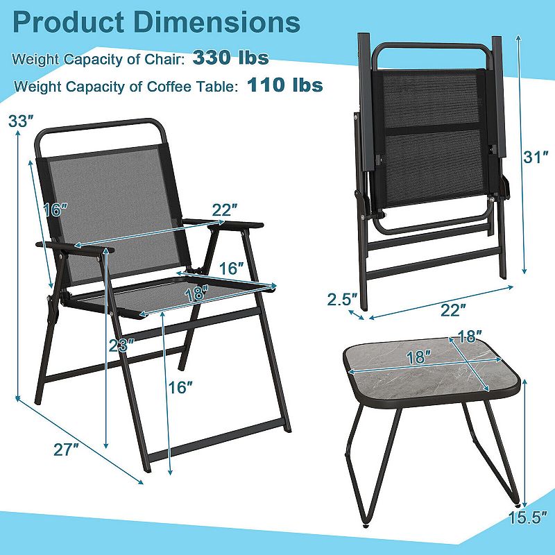 3 Pieces Patio Folding Conversation Chairs and Table-Black