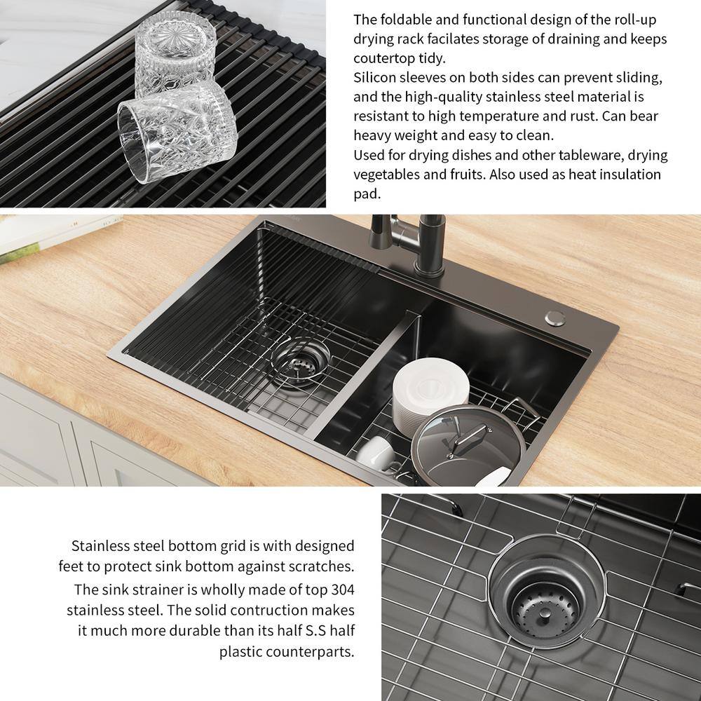 Glacier Bay 33 in. Gunmetal Black Stainless Steel Double Bowl Dual Mount Workstation Kitchen Sink with Black Spring Neck Faucet ACS3322A2T-FW