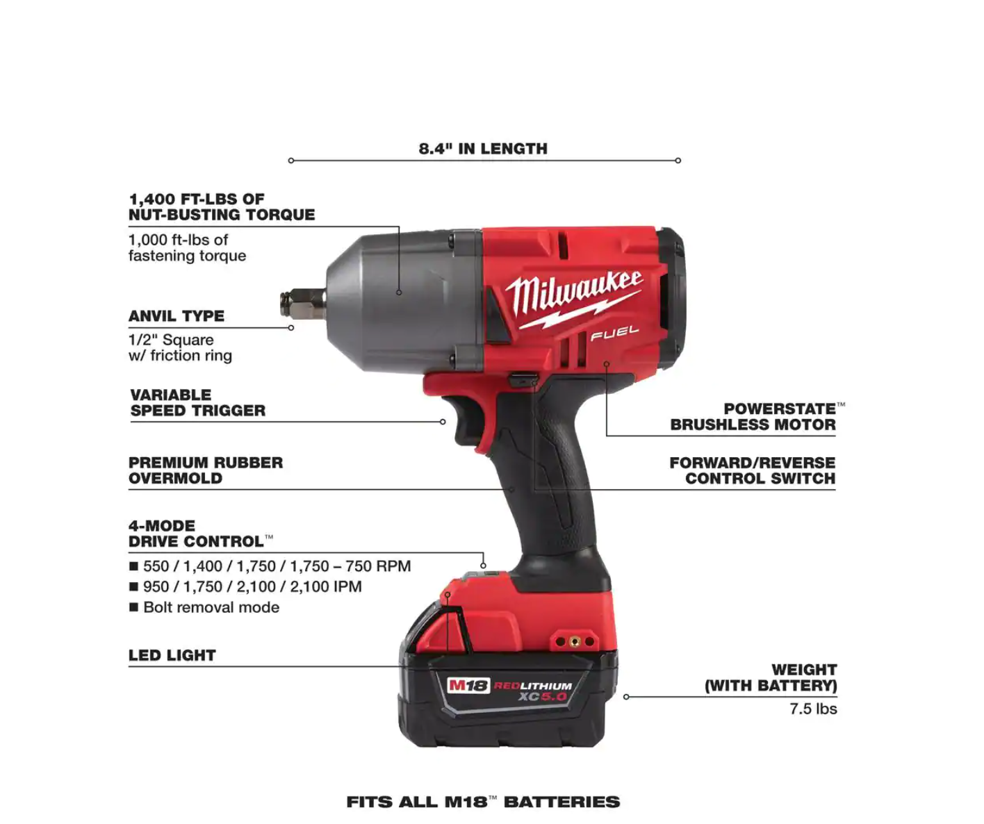 Milwaukee 2767-21B M18 FUEL 18V Lithium-Ion Brushless Cordless 1/2 in. Impact Wrench w/Friction Ring Kit w/One 5.0 Ah Battery and Bag