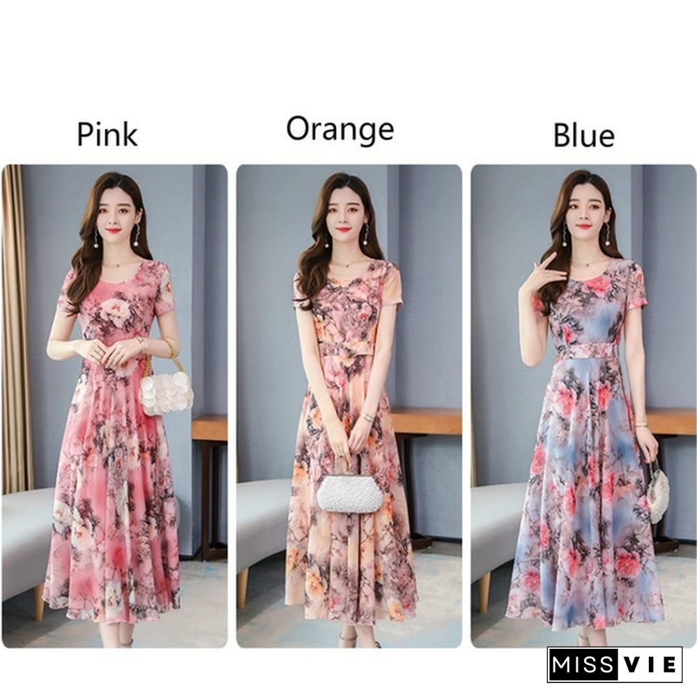 Ice Silk Long Skirt Summer Temperament Flower Long Skirt Retro Elegant Dress