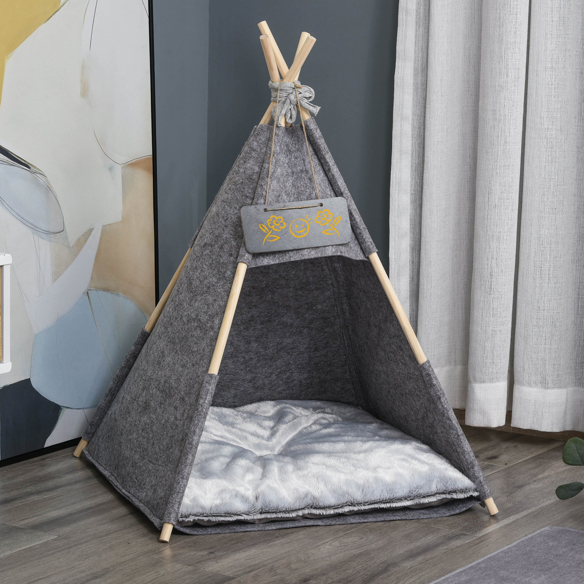 PawHut Pet Teepee Tent Cat Bed Dog House w/ Cushion Chalkboard for Kitten Puppy