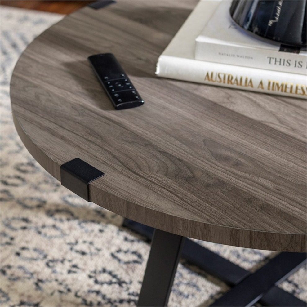 30 quotRustic Wood Round Metal Wrap Coffee Table   Slate Gray   Industrial   Coffee Tables   by Homesquare  Houzz