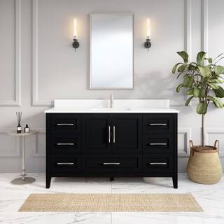 ART BATHE Houston 60 in. W x 22 in. D Bath Vanity in Espresso Diamond Quartz Top with White Sink Power Bar and Drawer Organizer HU60ES