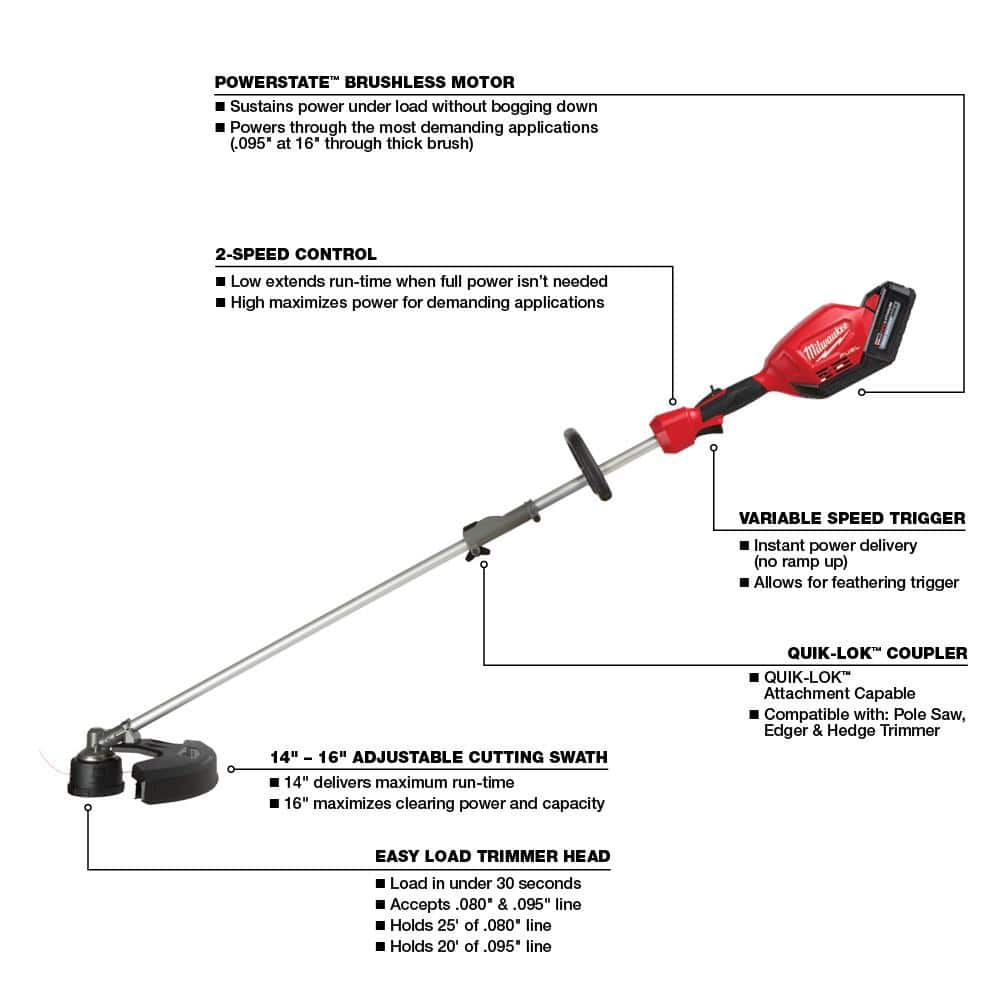 Milwaukee M18 FUEL 18V Lithium-Ion Brushless Cordless String Trimmer with Quik-Lok Attachment Capability, 250 ft. Trimmer Line 2825-21ST-49-16-2713