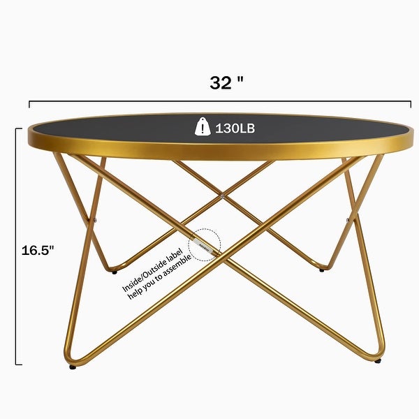 Mid Century Modern Round Gold Coffee Table with Black Glass and Metal Frame Central Table for Living Room Recepetion Room