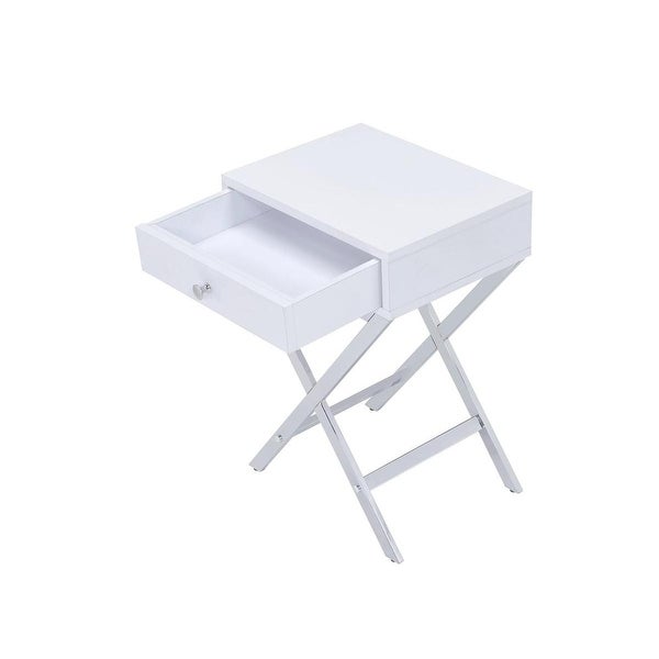 Wood and Metal Side Table with Crossed Base， White and Silver - 22 H x 16 W x 12 L Inches