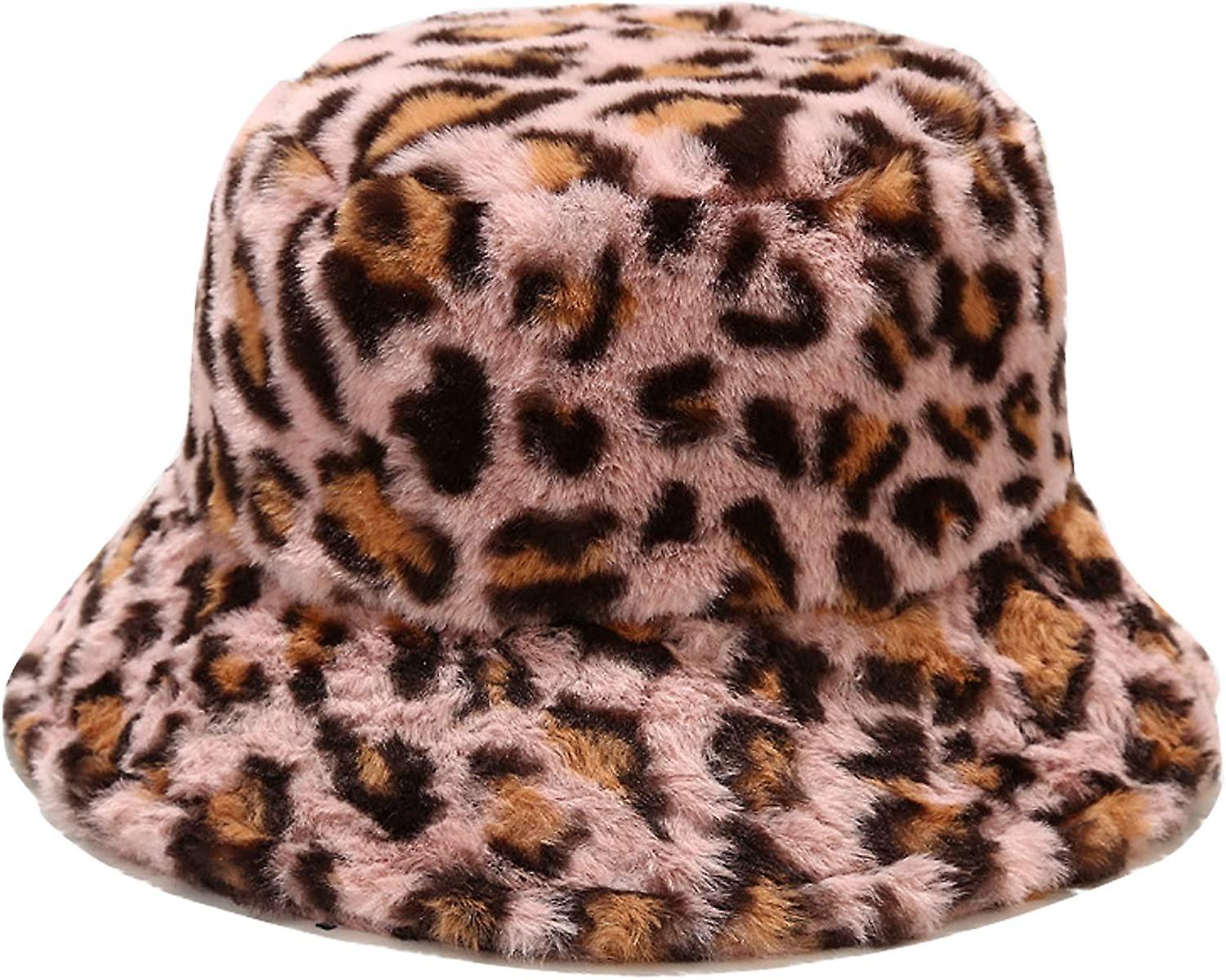 Winter Faux Fur Bucket Hat Fluffy Warm Hat For Women Men Small Leopard Pink -