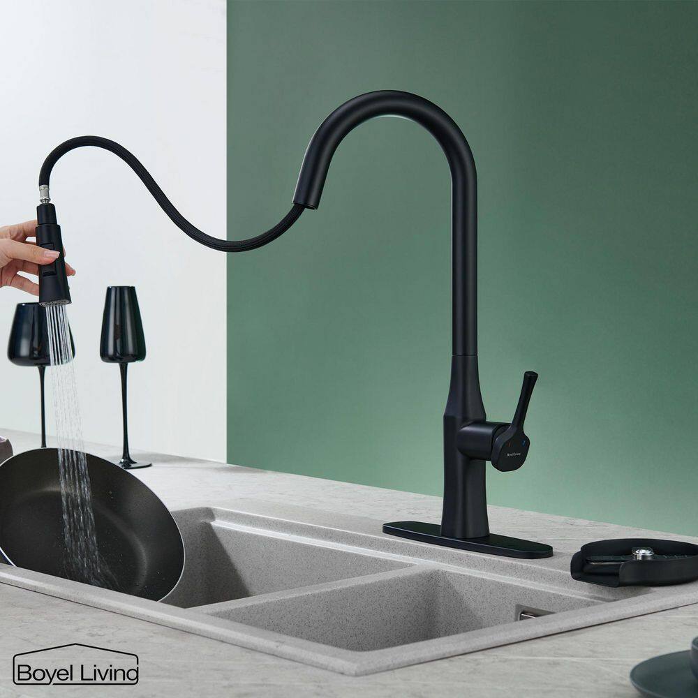 Boyel Living Single Handle No Sensor Pull Down Sprayer Kitchen Faucet with Deckplate Included and Glass Rinser in Matte Black BL-D3541-MB