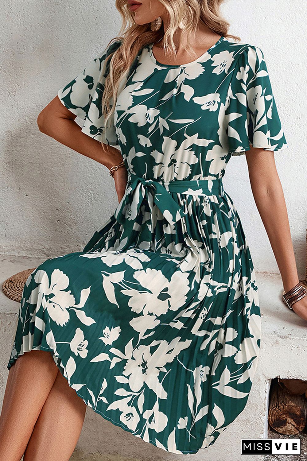 Green Floral Flare Sleeves Pleated Midi Dress