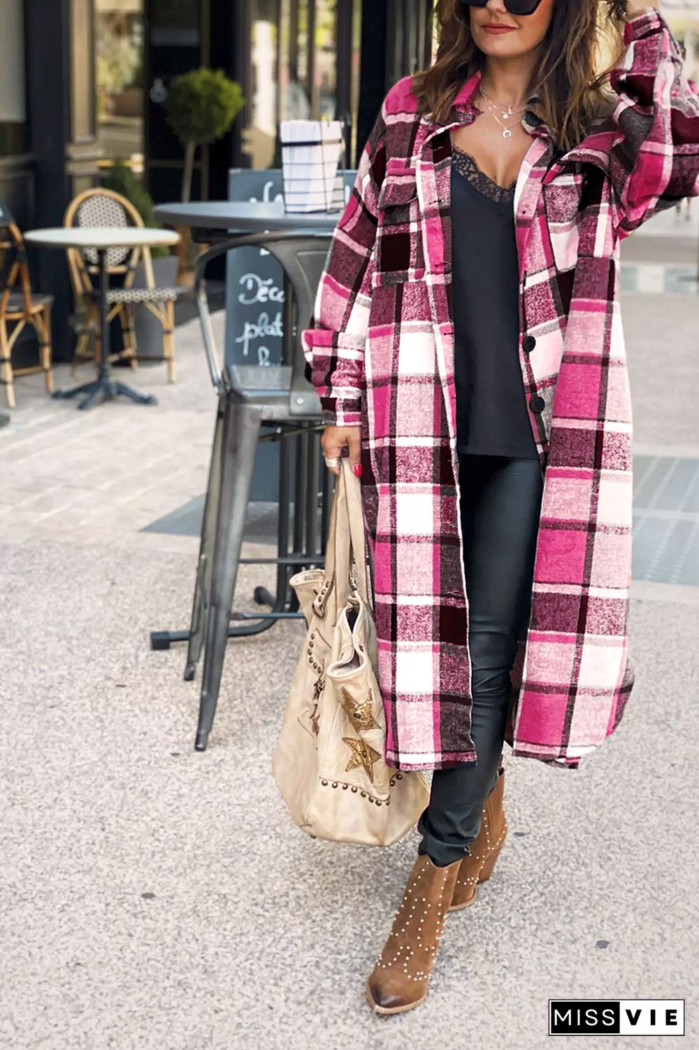 KarliDress Lapel Plaid Print Woolen Long Coat P12611