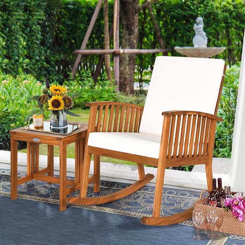 2 Pcs Acacia Wood Patio Rocking Chair Table Set with Thick Cushion, Outdoor Bistro Set Porch Rocker