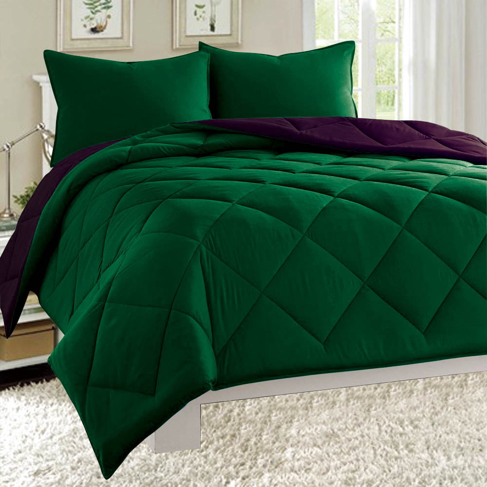 Empire Home Fashion Dayton Queen Size 3-Piece Reversible Comforter Set Soft Brushed Microfiber Quilted Bed Cover Hunter Green and Plum Purple， Polyester