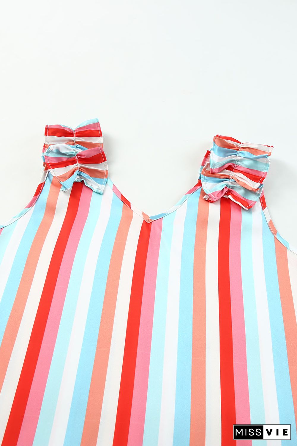 Multicolor Striped V Neck Ruffle Straps Tank Top