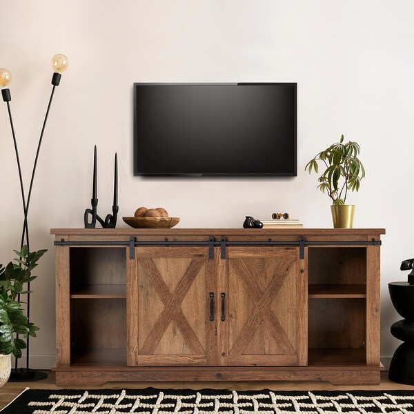 Modern Sliding Barn Door TV Stand with 5 Adjustable Shelves Brown