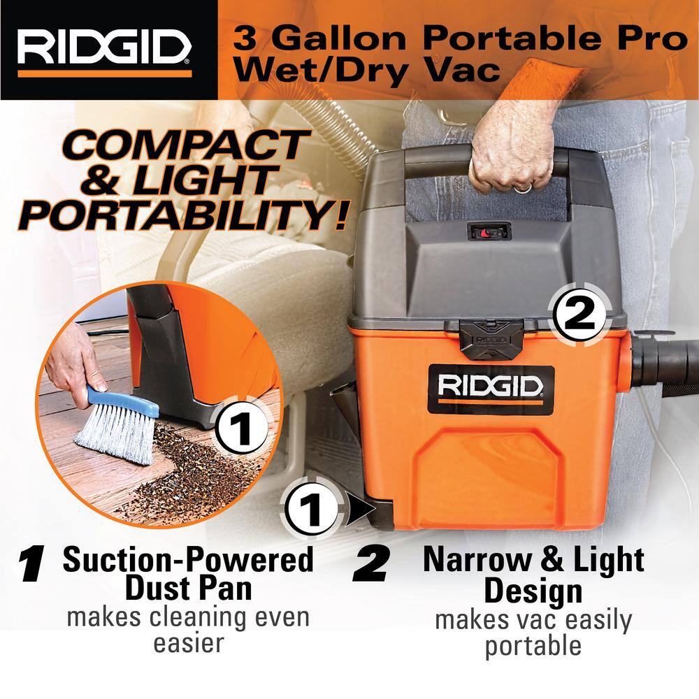 RIDGID 3 Gallon 3.5 Peak HP Portable WetDry Shop Vacuum with Built in Dust Pan Filter Expandable Locking Hose and Car Nozzle WD3050