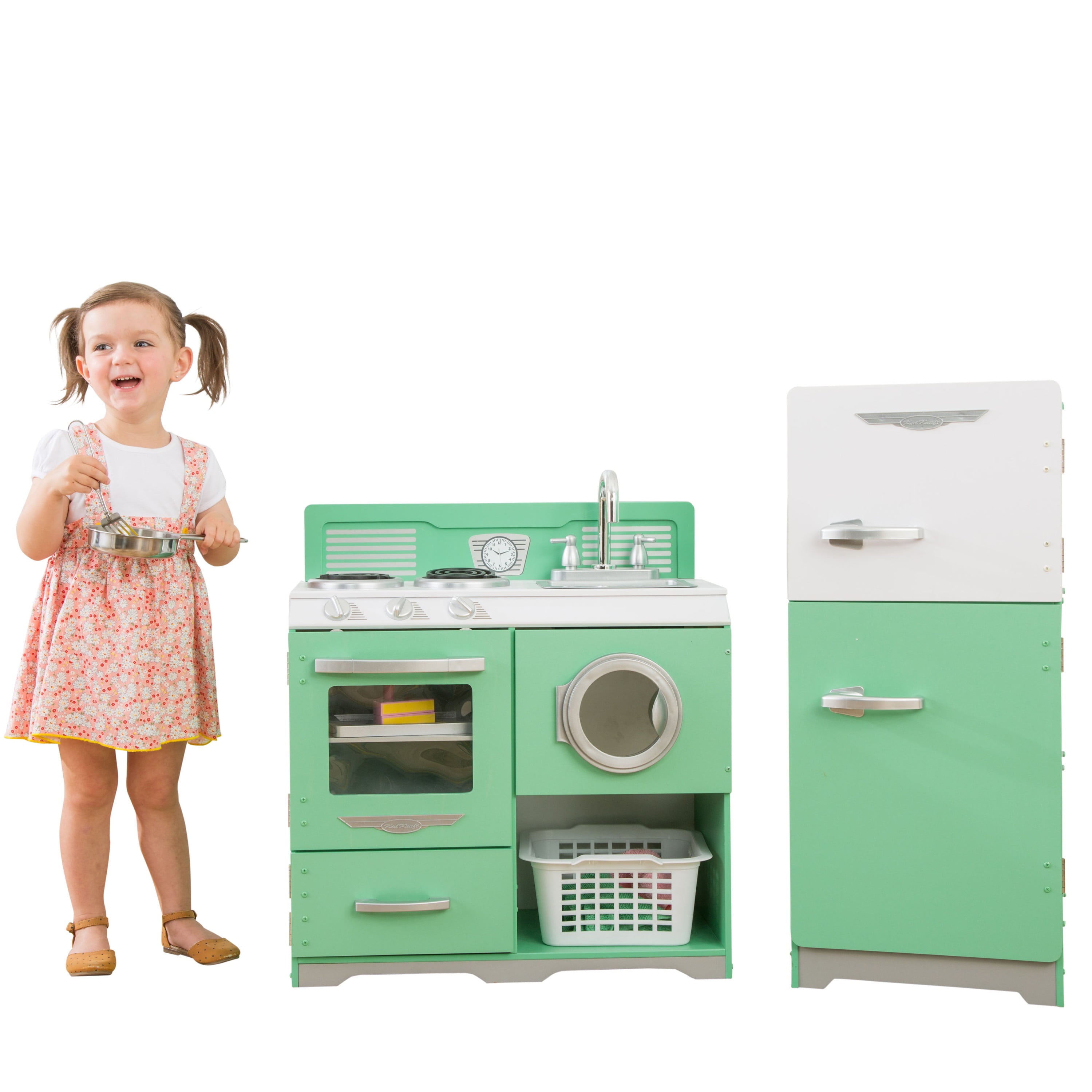 Homestyle 2-Piece Wooden Vintage Play Kitchen Set with Refrigerator, Dryer and Laundry Basket