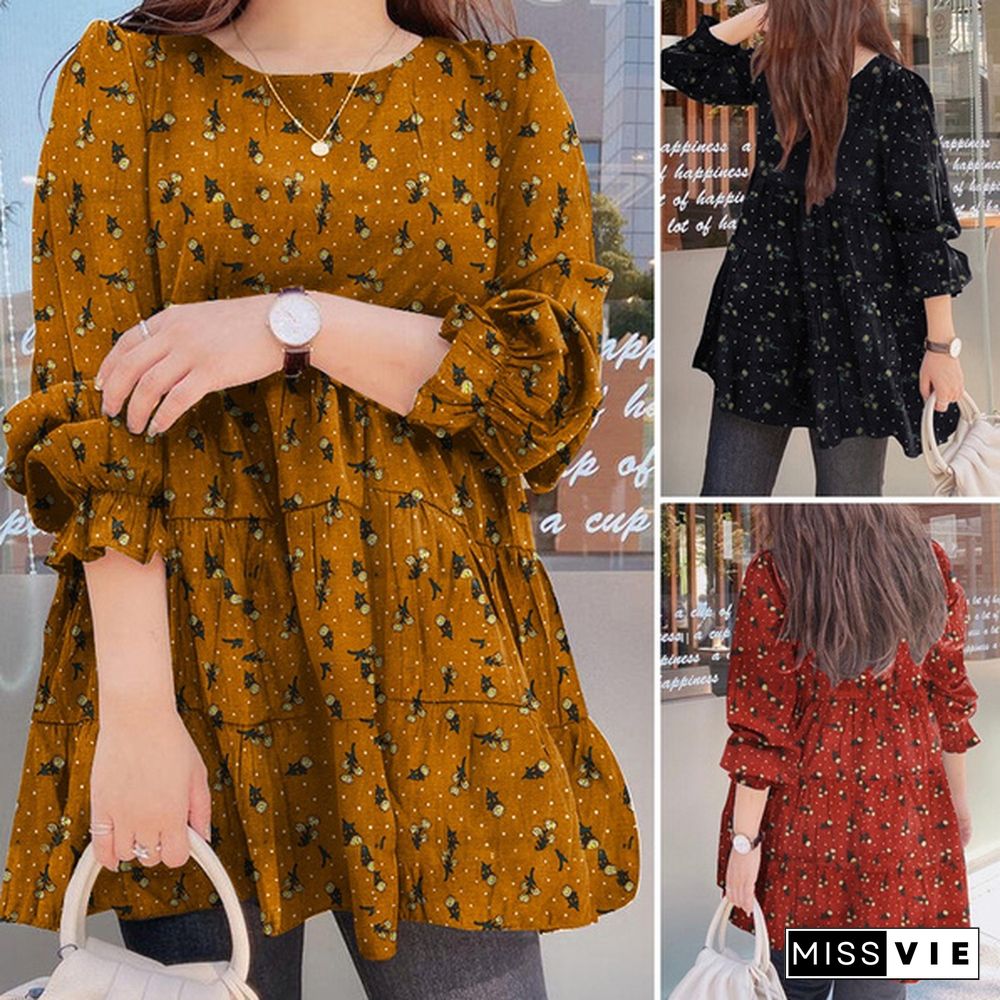 Plus Size Women Spring Casual Daily Long Puff Sleeve O-Neck Cotton Floral Printing Loose Shirt Blouse