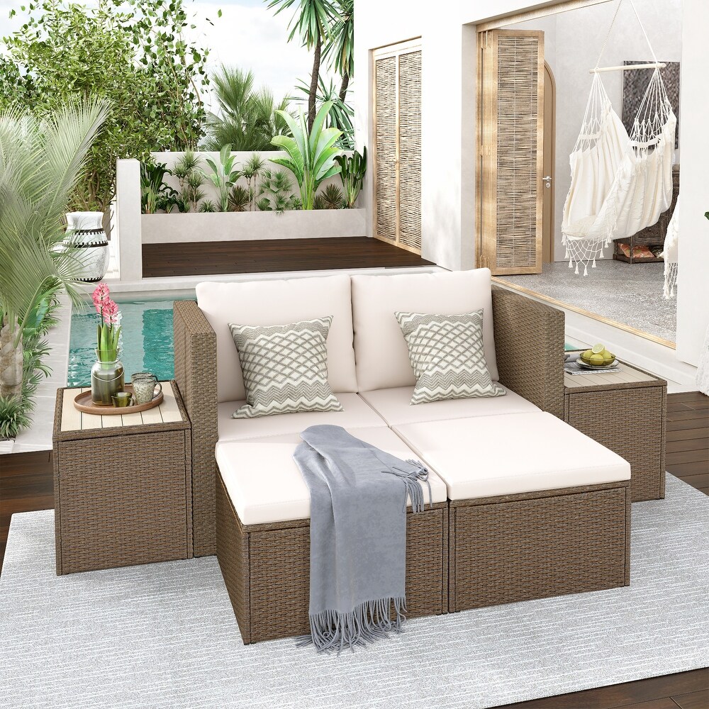 Topmax Outdoor 6 piece Garden Furniture Set PE Wicker Rattan Sectional Sofa Set with 2 Tea Tables   Cushion and Footrest