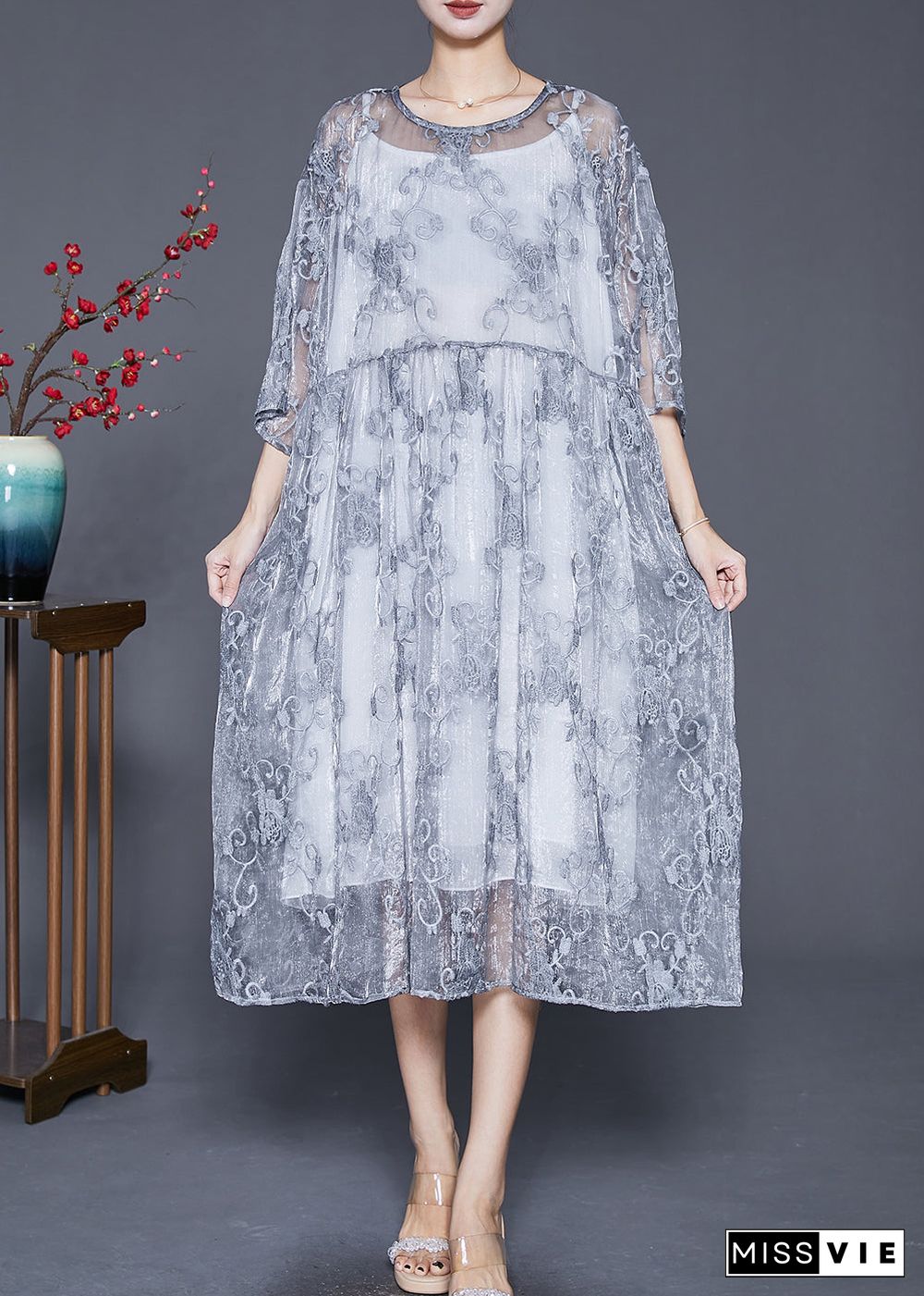 Elegant Grey Embroideried Tulle Robe Dresses Two Piece Set Summer