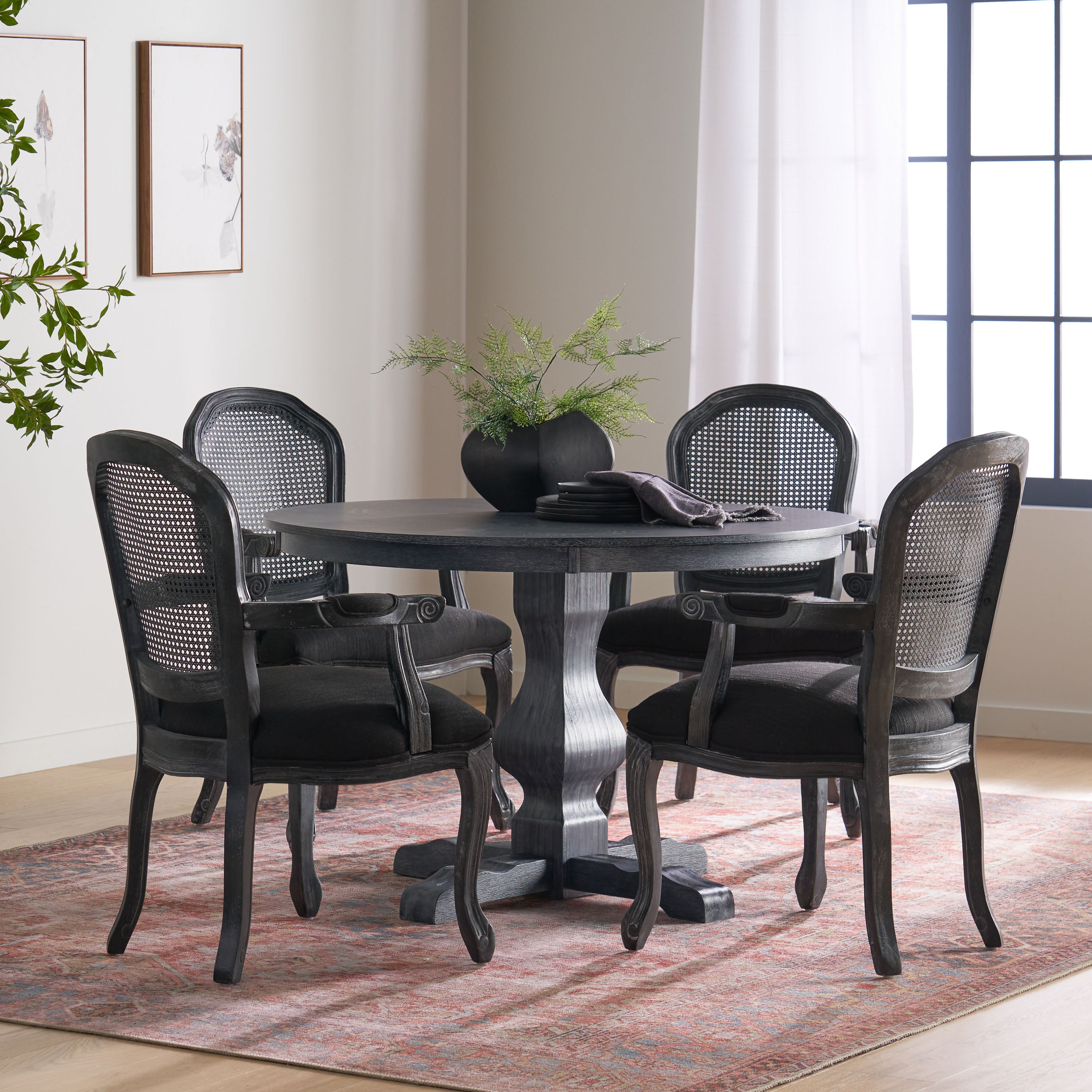 Ardyce French Country Fabric Upholstered Wood and Cane 5 Piece Circular Dining Set