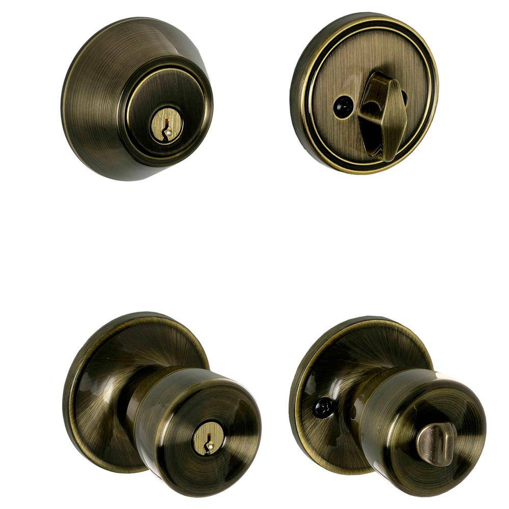 ESSENTIALS by Schlage Brill Antique Brass Single Cylinder Deadbolt and Keyed Entry Door Knob Combo Pack VC60 V BRL 609