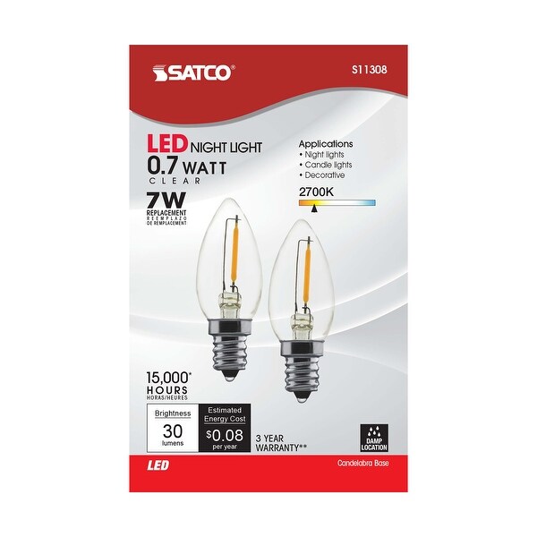 0.7 Watt LED C7 Clear 2700K Candelabra base 120 Volt Carded 2 Pack